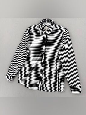 Chicos No Iron Long Sleeve Top Size 0 Small Black White Stripe Twill Cotton NEW